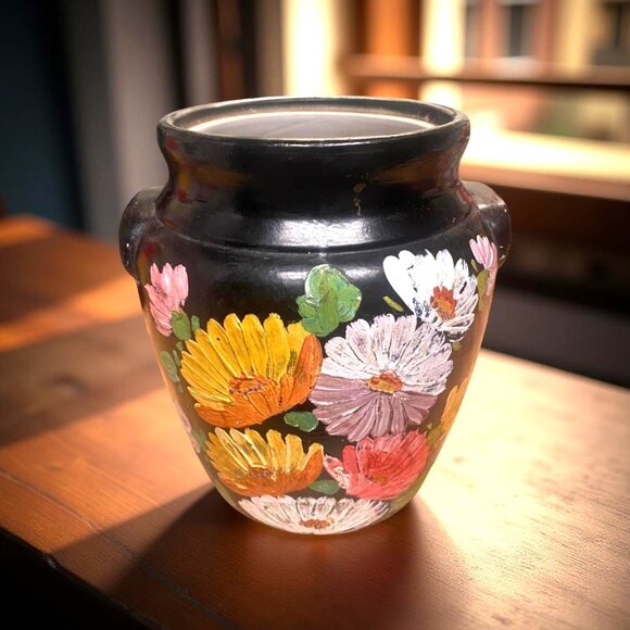 Vintage Hand Painted Pottery Jar Black Glaze Floral Folk Art Vase Rustic Décor - Picture 1 of 8